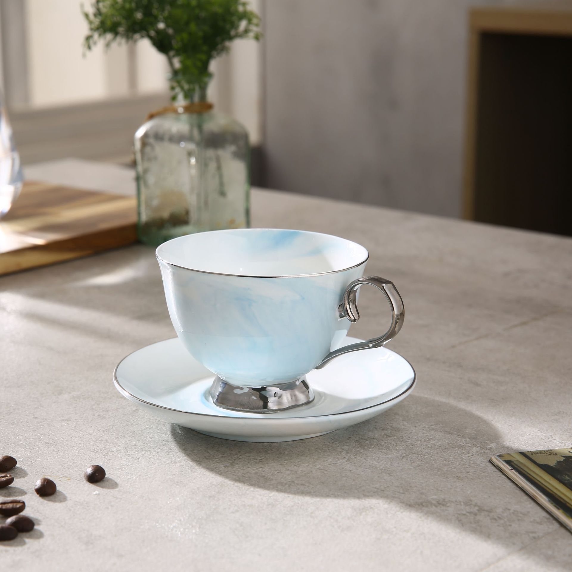 220ml blue silver cup and saucer