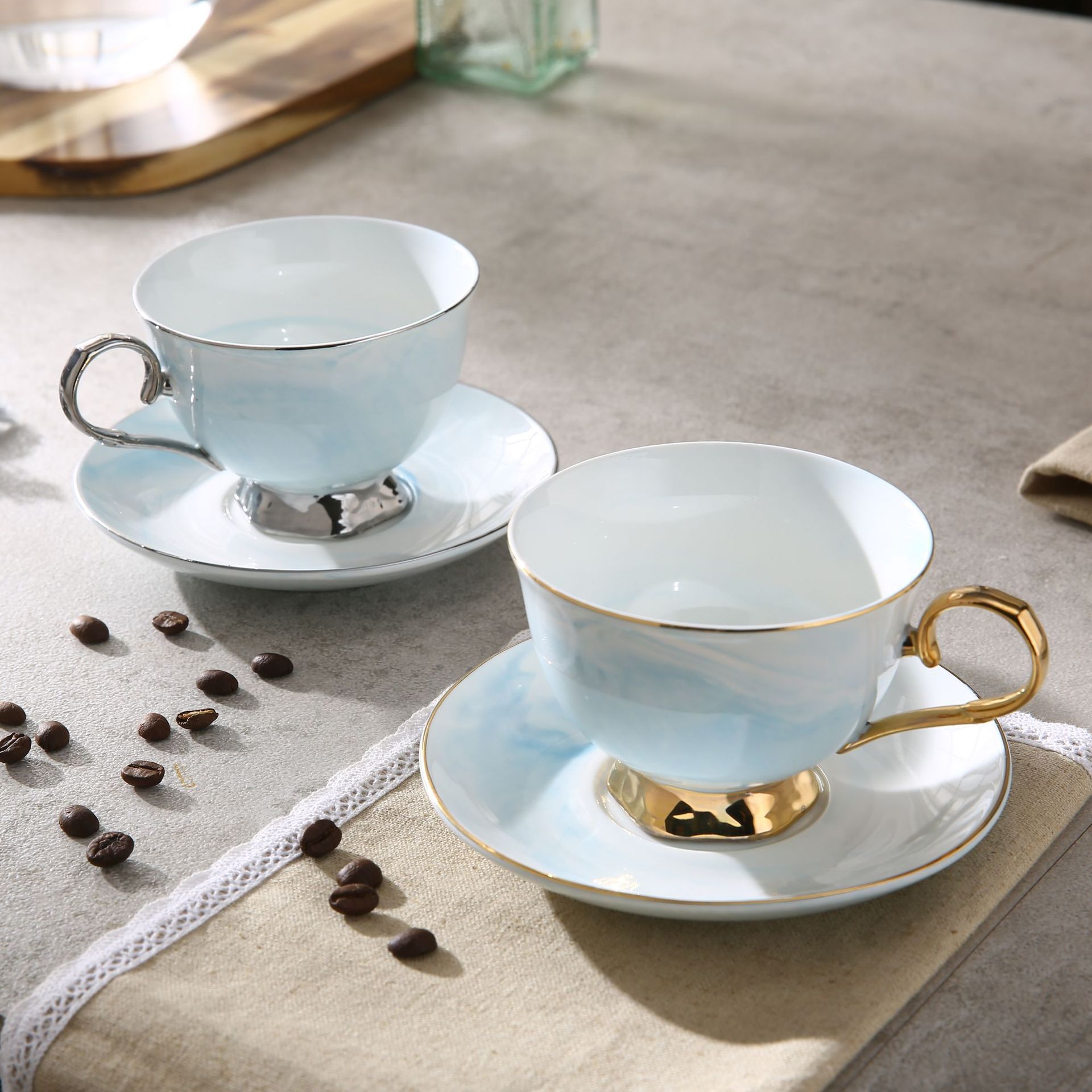 200ml Luxury Marble Ceramic Coffee Cups And Saucers Set With Gold